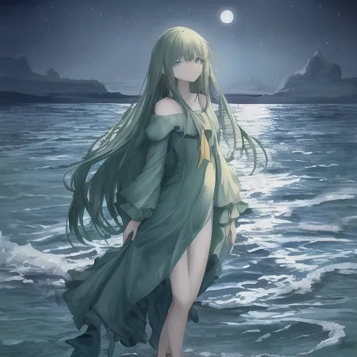 Prompt: -A long dark green-hair girl with blue eyes and wearing a yellow dress.
-Standing in the ocean at night with the moon in the background.
-Hogwarts