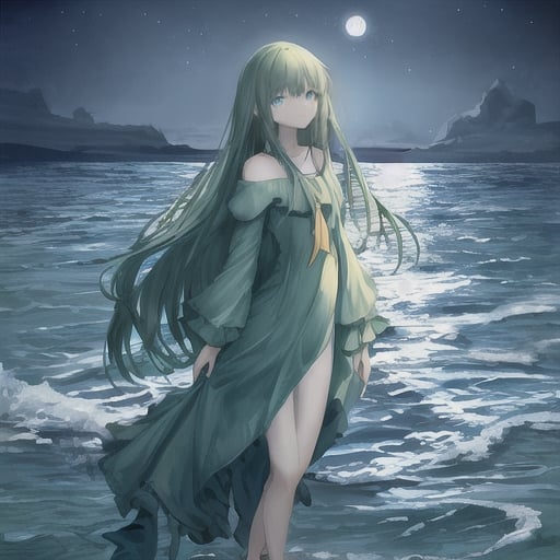 Prompt: -A long dark green-hair girl with blue eyes and wearing a yellow dress.
-Standing in the ocean at night with the moon in the background.
-Hogwarts