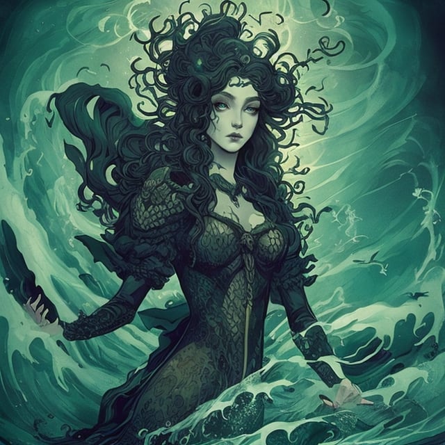 Prompt: Tarot card Anime illustration, a green-haired woman, a black detailed ornate cloth robe, dramatic lighting, and surrounded by waves and mermaids