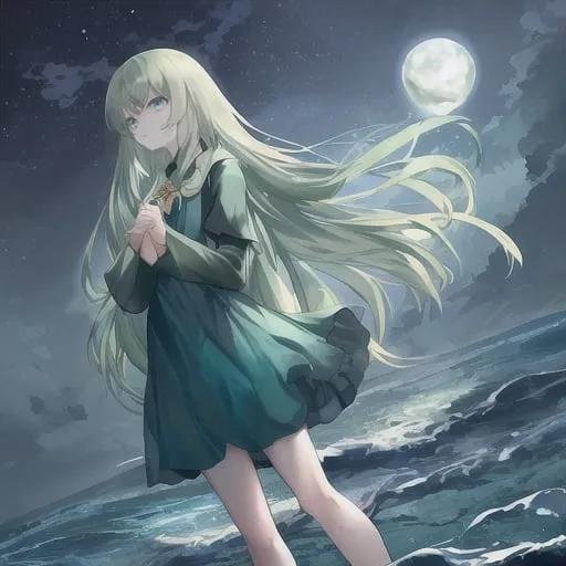 Prompt: -A long dark green-hair girl with blue eyes and wearing a yellow dress.
-Standing in the ocean at night with the moon in the background.
-Hogwarts