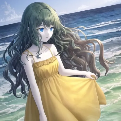 Prompt: At night, a girl with dark green wavy hair, pale skin, and bright blue eyes is standing in the ocean. Wearing a yellow dress.