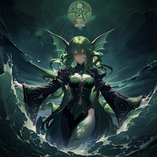 Prompt: Tarot card Anime illustration, a green-haired woman, a black detailed ornate cloth robe, dramatic lighting, and surrounded by waves and mermaids