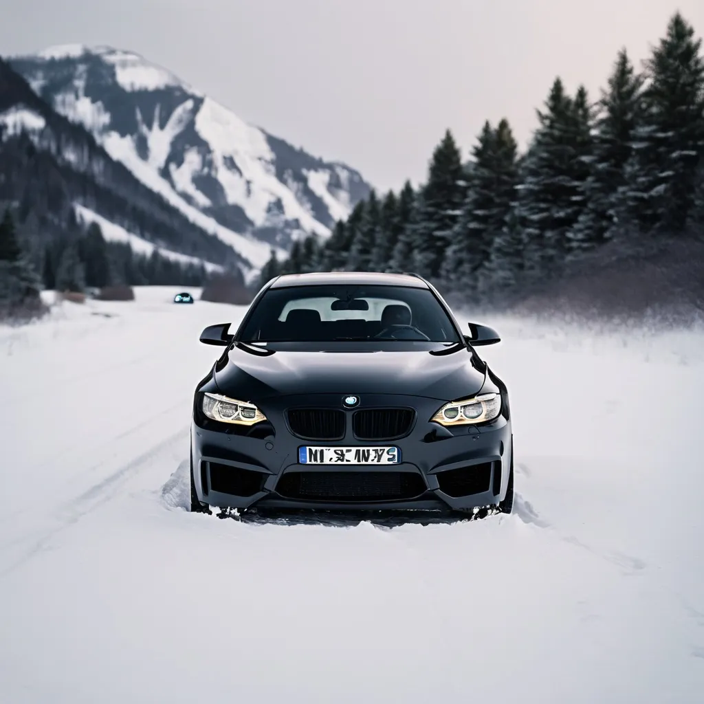 Prompt: Make me a black BMW driving in the snow and write Pixel above the car in big letters