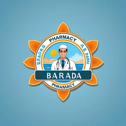 Prompt: can you create a logo for a pharmacy open at north sea coast in egypt only in summer .. named barada after the last name of it's owner.. the main theme is light blue and most unique items we have or sell is skin care products and sun protection and sun tan products and in the medical field we have all the medications and drugs that no one have and our doctors are the best in information and experience and they welcome all the clients with a smile and respect