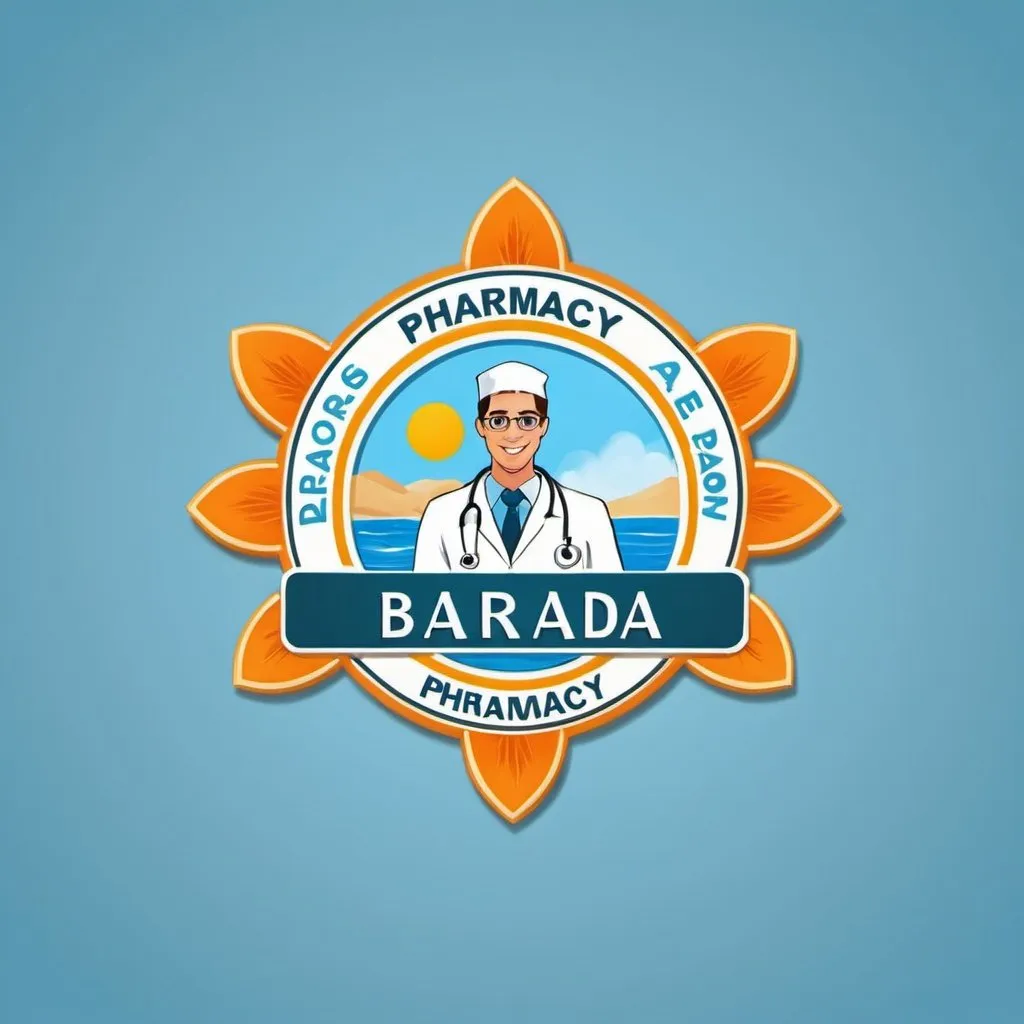 Prompt: can you create a logo for a pharmacy open at north sea coast in egypt only in summer .. named barada after the last name of it's owner.. the main theme is light blue and most unique items we have or sell is skin care products and sun protection and sun tan products and in the medical field we have all the medications and drugs that no one have and our doctors are the best in information and experience and they welcome all the clients with a smile and respect