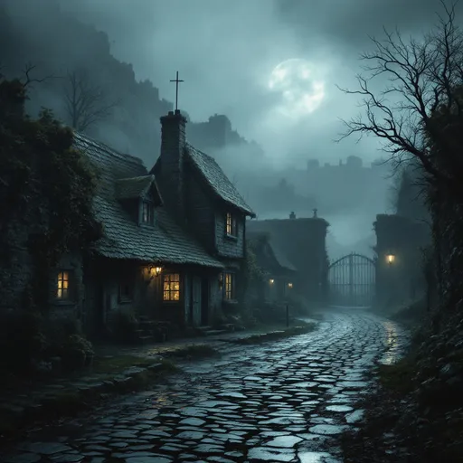 Prompt: I want you to draw a dark and old picture with some fog on it and there is like a small village with streets living in a small neighborhood and there on the edge of the neighborhood is a one-story house surrounded by a large wall