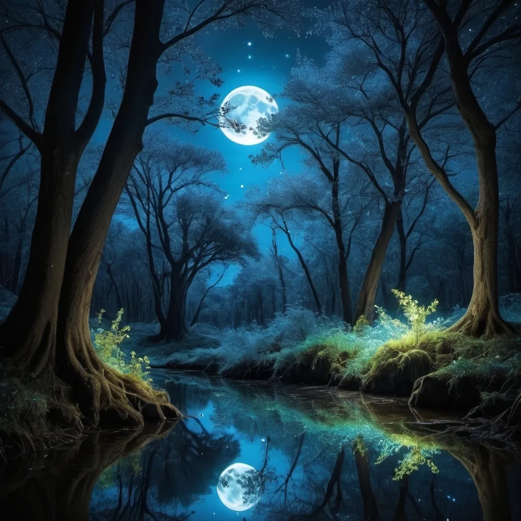 Prompt: Un bosque encantado bajo una luna llena, donde los árboles tienen hojas de cristal que reflejan la luz de la luna en tonos de azul y púrpura. En el centro del bosque, hay un lago resplandeciente con un brillo etéreo, y criaturas mágicas como unicornios y hadas flotan alrededor. Los hongos bioluminiscentes iluminan el suelo del bosque, creando un camino luminoso que conduce a un antiguo altar de piedra cubierto de runas brillantes. El ambiente debe ser mágico y misterioso, con un aura de fantasía y maravilla.