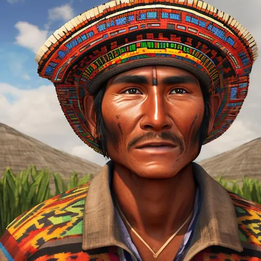 Prompt: A vibrant semi realistic image of a aztec farmer. He age is 28