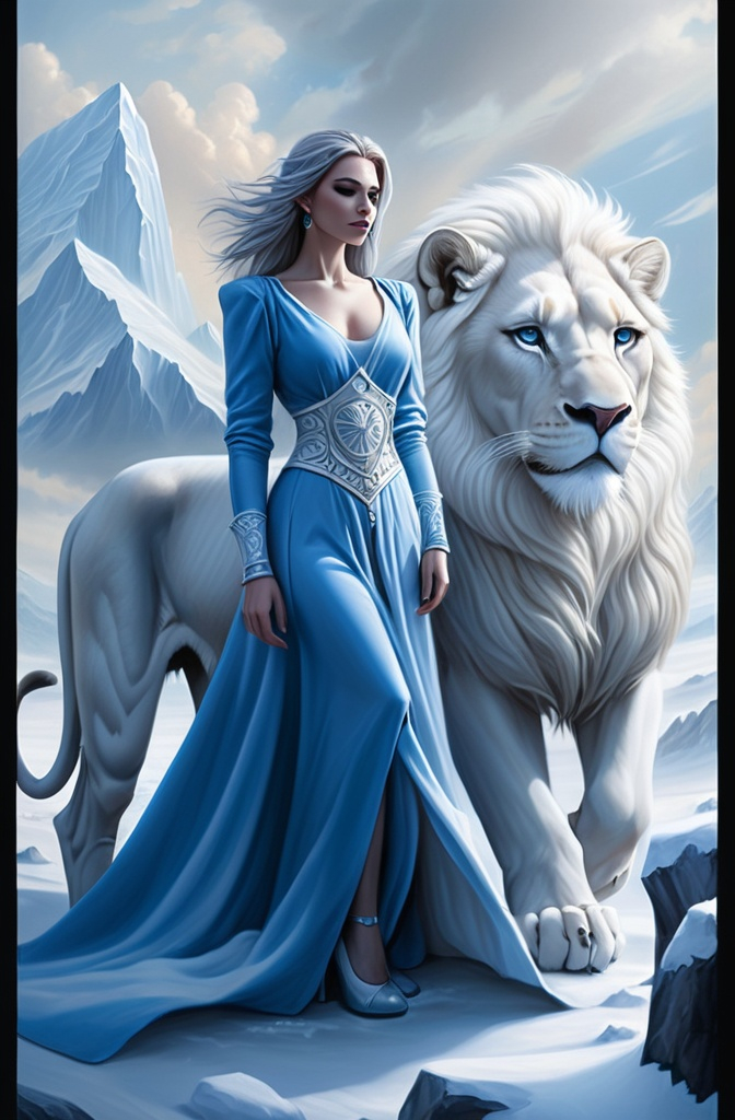 Prompt: a woman in a blue dress standing next to two white lions in the snow with a sky background and a white lion, Anne Stokes, fantasy art, ice, computer graphics
