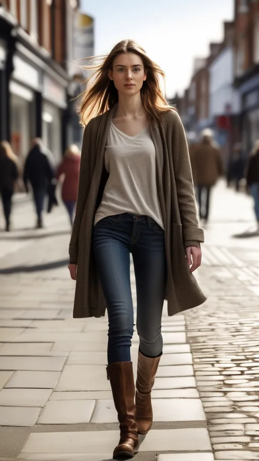 Prompt: Tall young woman walking down the high street, detailed clothing, realistic, natural lighting