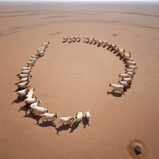 Prompt: goat herds walking in a shape of a moon crescent on Flat-lying strata desert land. aeriel view. hyperrealistic, 4k, 4x5