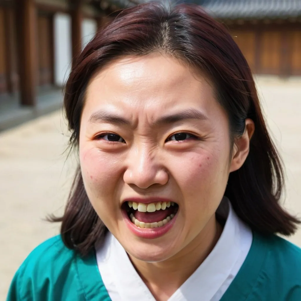 Prompt: Angry Korean woman smiling color photo. 