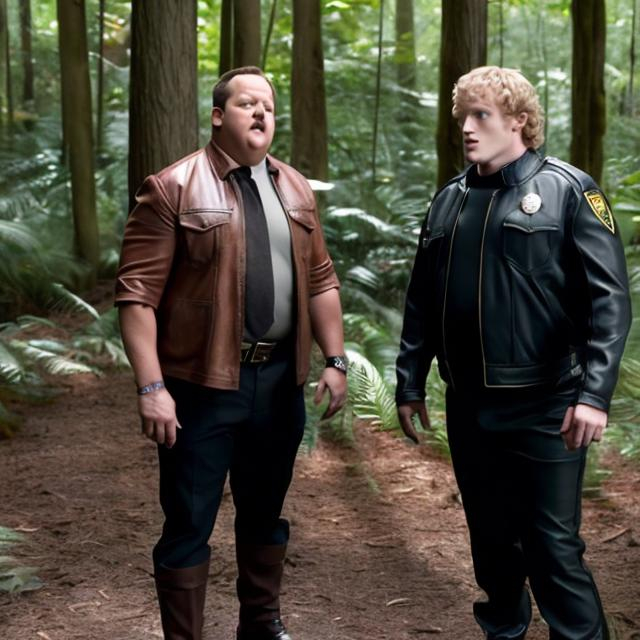 Prompt: paul blart and logan paul finding someone hanging in the forest