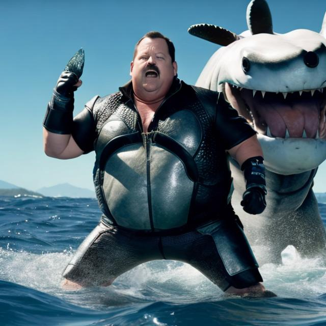 Prompt: paul blart fighting a megaladon