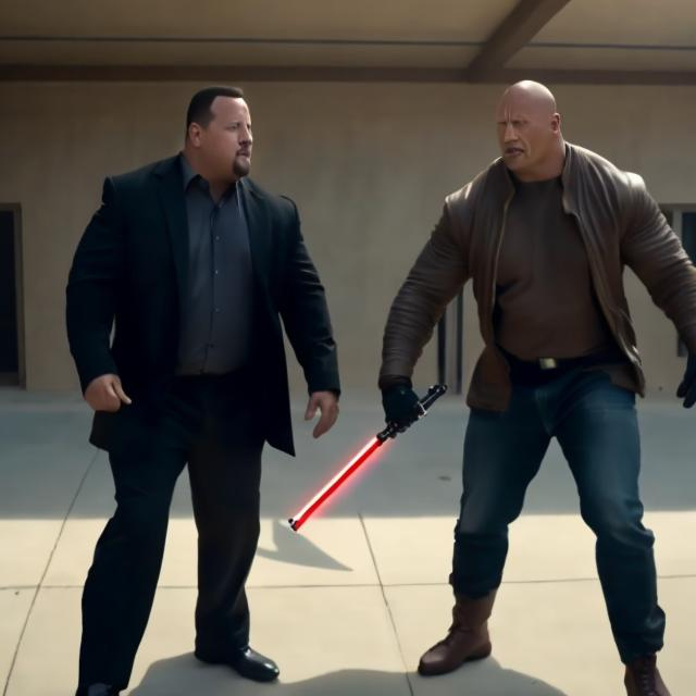 Prompt: paul blart lightsaber fight with dwayne johnson