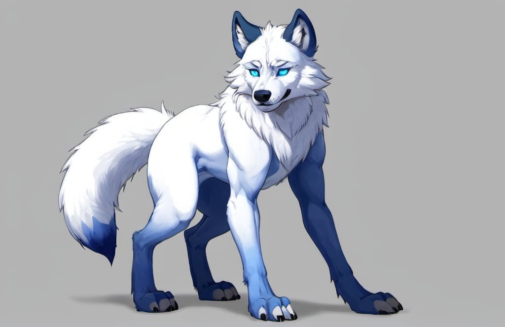 Prompt: Anthro, furry, wolf, white fur, blue eyes, full body