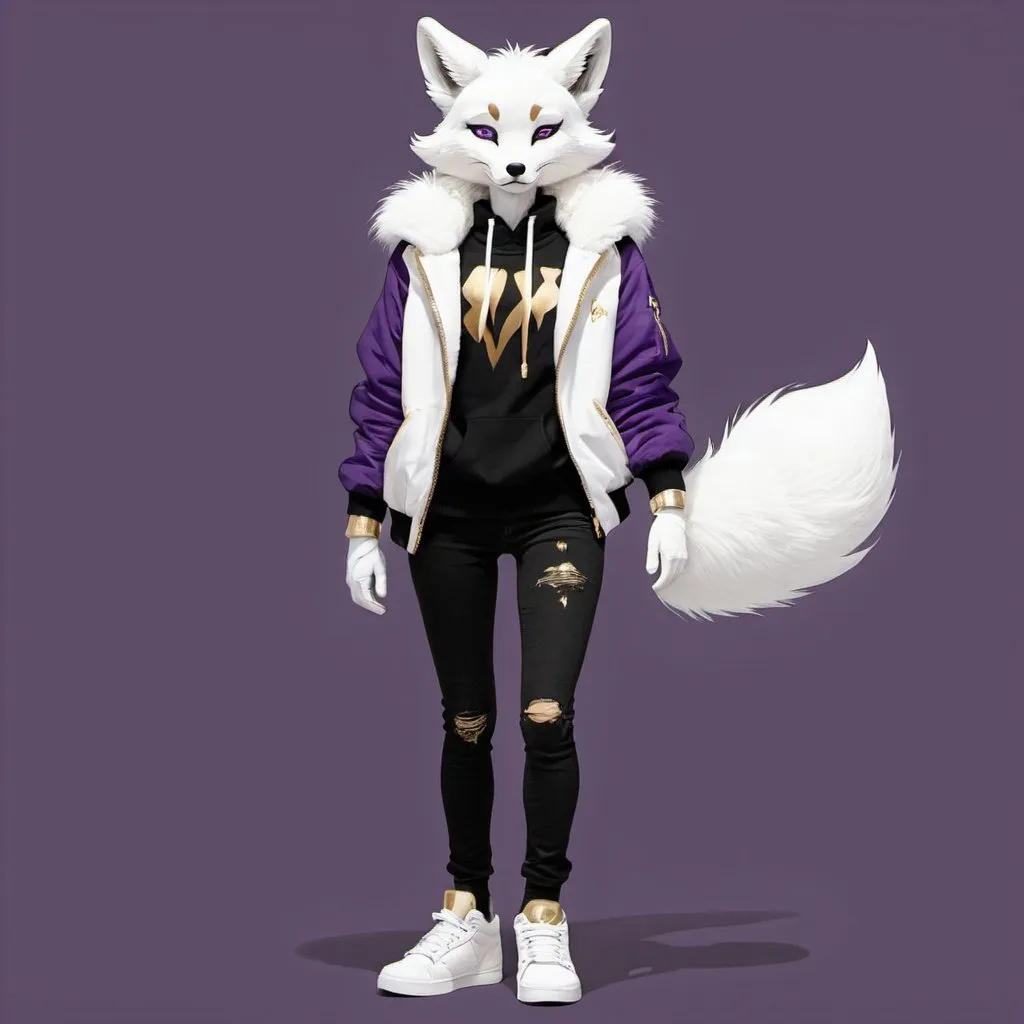 Prompt: Anthro, furry, fox, white fur, purple eyes, full body, black and white jacket, gold Jordans ,