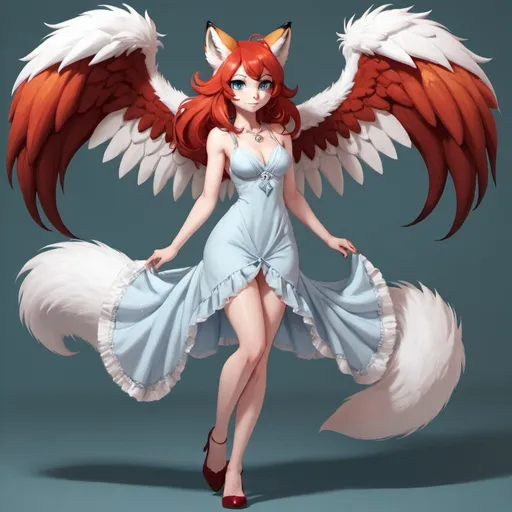 Prompt: Anthro, furry, fox, white fur, light blue eyes, dress, full body, with wings, red hair,