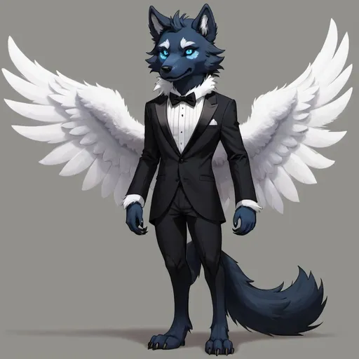 Prompt: Anthro, furry, wolf, blue fur, white eyes, full body, black tuxedo, with wings,