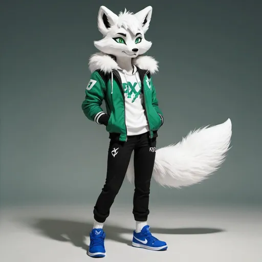 Prompt: Anthro, furry, fox, white fur, green eyes, full body, black and white jacket, blue Jordans ,