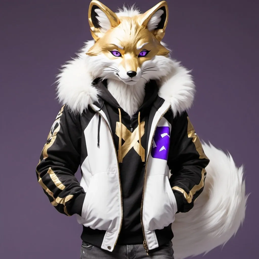 Prompt: Anthro, furry, fox, white fur, purple eyes, full body, black and white jacket, gold Jordans ,