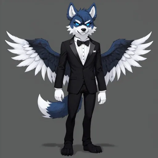 Prompt: Anthro, furry, wolf, blue fur, white eyes, full body, black tuxedo , eye patch, with wings,