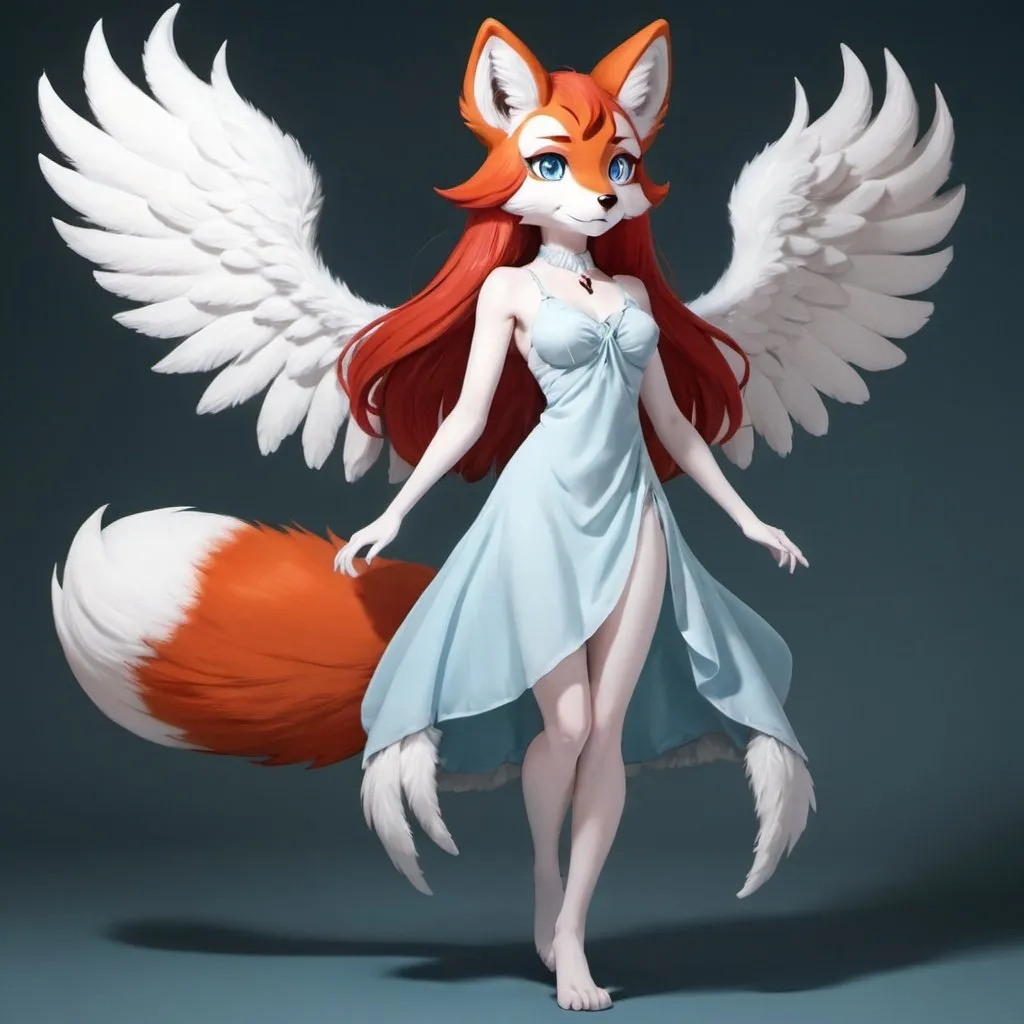 Prompt: Anthro, furry, fox, white fur, light blue eyes, dress, full body, with wings, red hair,