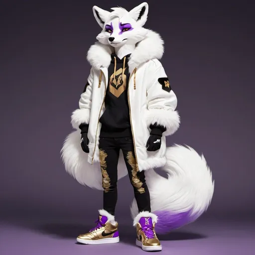 Prompt: Anthro, furry, fox, white fur, purple eyes, full body, black and white jacket, gold Jordans ,