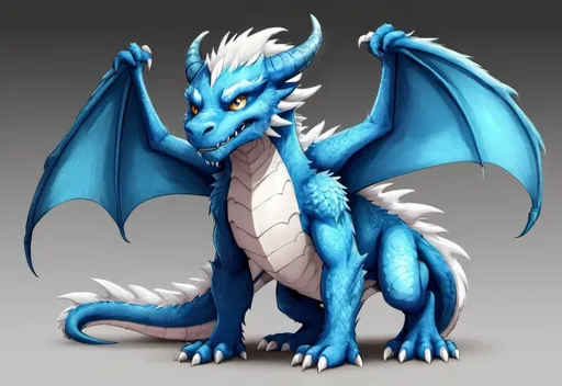 Prompt: Anthropomorphic, furry, dragon, blue fur, white eyes, full body