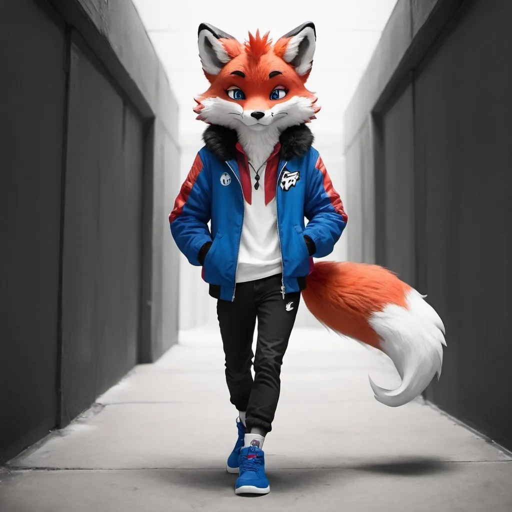 Prompt: Anthro, furry, fox, red fur, white eyes, full body, black and white jacket, blue jordans,