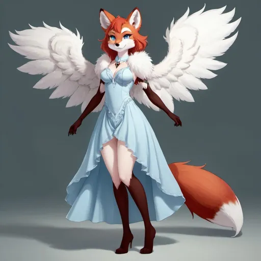 Prompt: Anthro, furry, fox, white fur, light blue eyes, dress, full body, with wings, red hair,