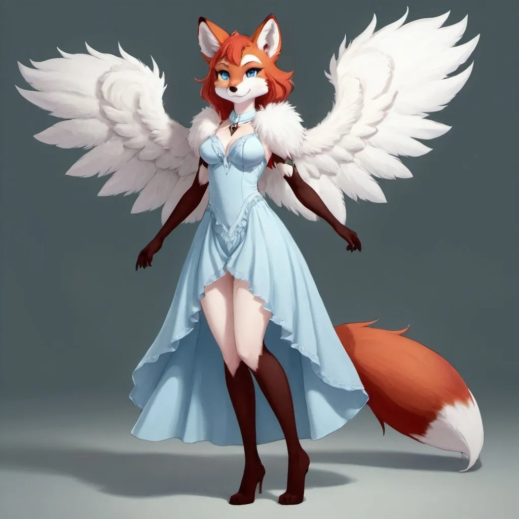 Prompt: Anthro, furry, fox, white fur, light blue eyes, dress, full body, with wings, red hair,