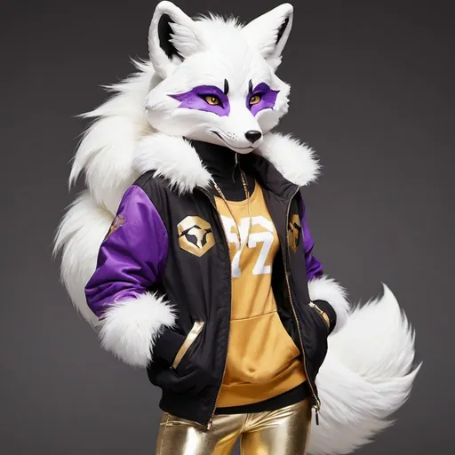 Prompt: Anthro, furry, fox, white fur, purple eyes, full body, black and white jacket, gold Jordans ,