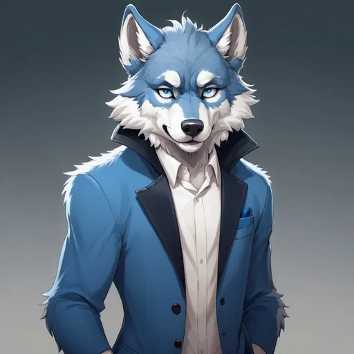 Prompt: Anthropomorphic, furry, wolf, blue fur, white eyes, full body