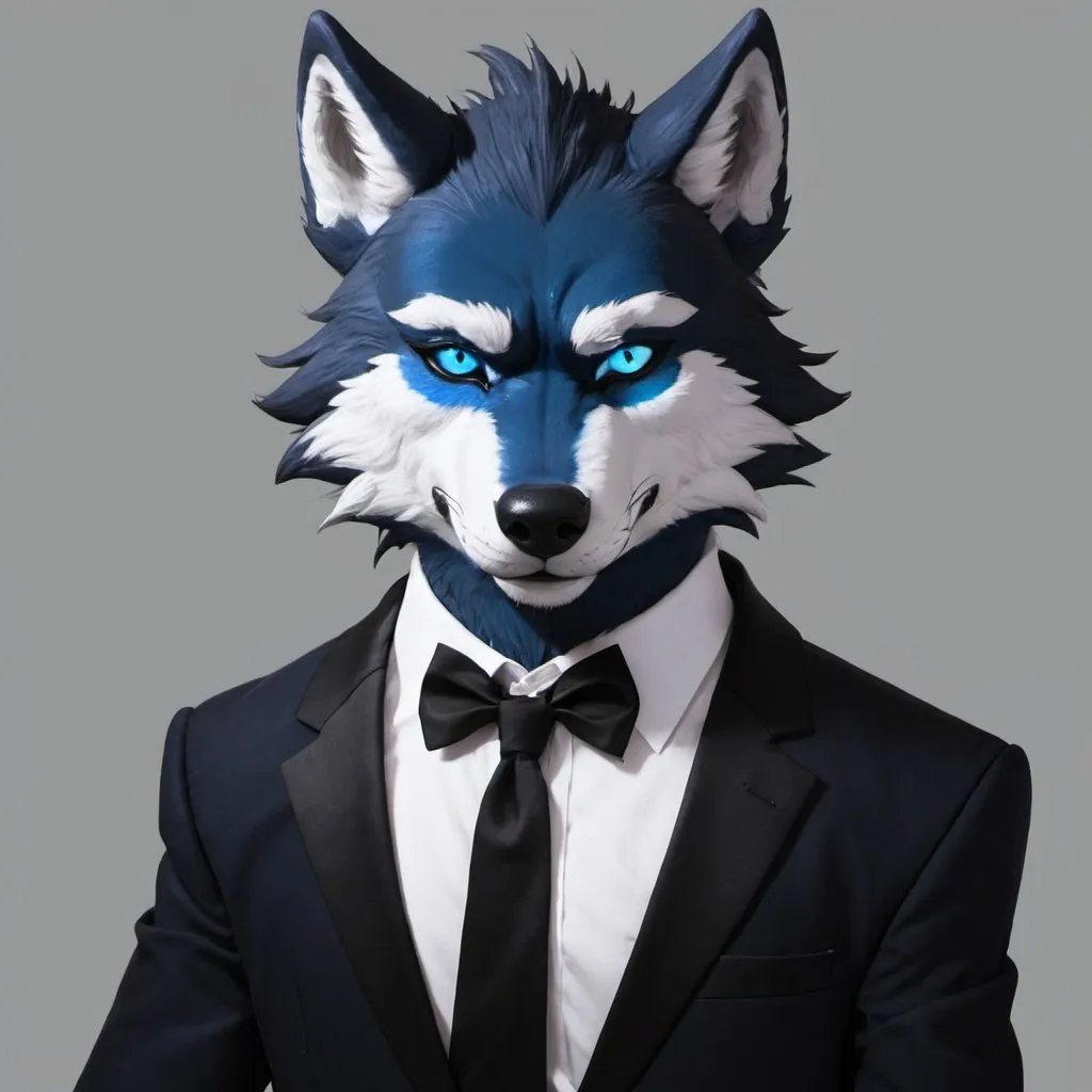 Prompt: Anthro, furry, wolf, blue fur, white eyes, full body, black tuxedo , eye patch,