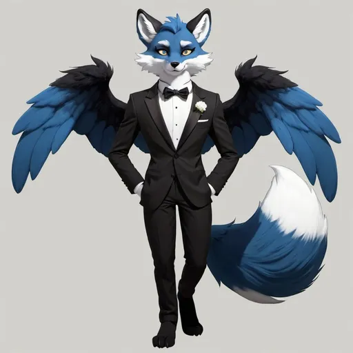 Prompt: Anthro, furry, fox, blue fur, white eyes, full body, black tuxedo, with wings,