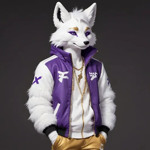 Prompt: Anthro, furry, fox, white fur, with blue markings on face, purple eyes, full body, black and white jacket, gold Jordans