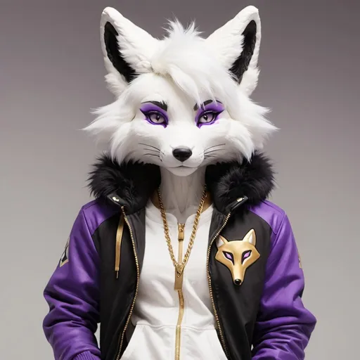 Prompt: Anthro, furry, fox, white fur, purple eyes, full body, black and white jacket, gold Jordans ,