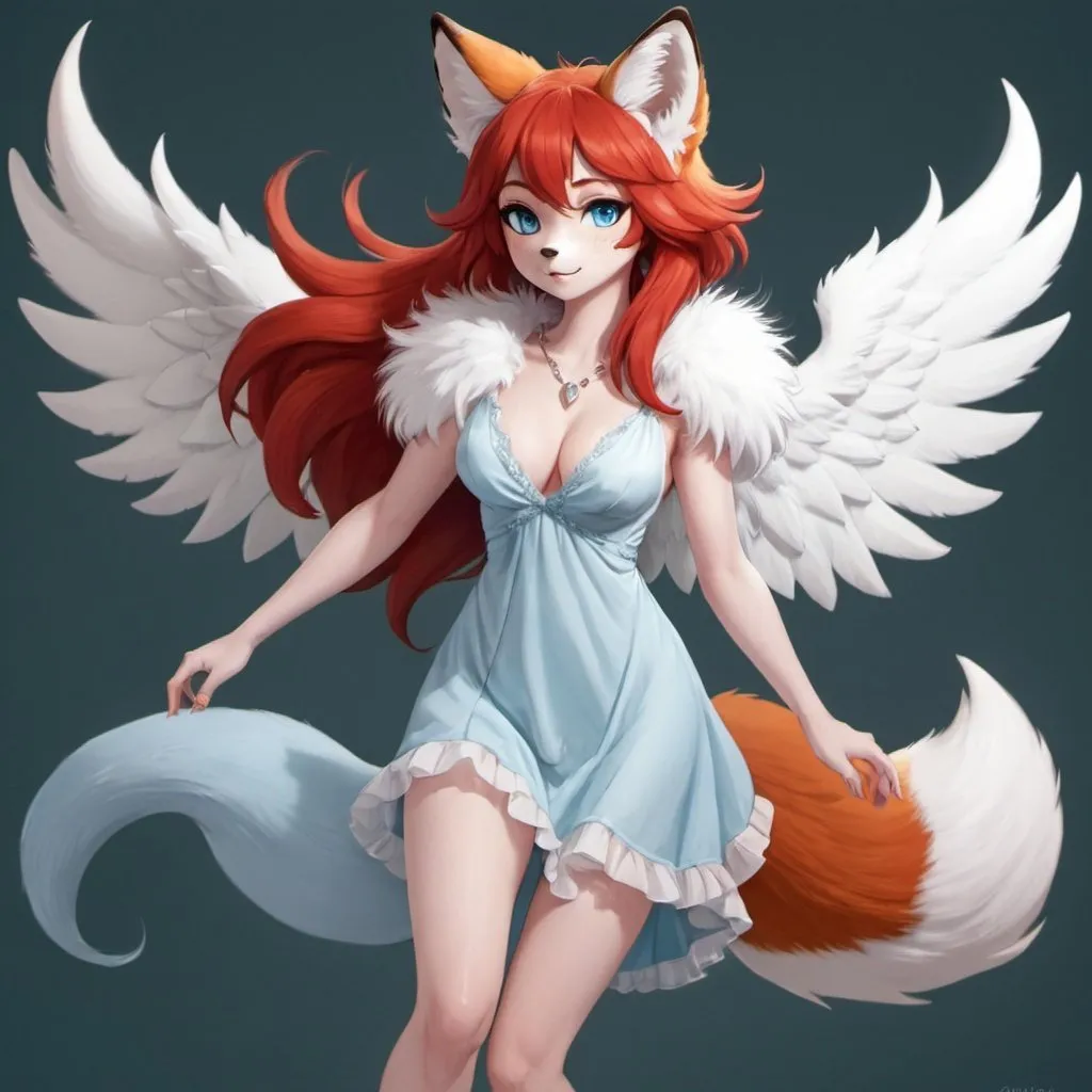 Prompt: Anthro, furry, fox, white fur, light blue eyes, dress, full body, with wings, red hair,