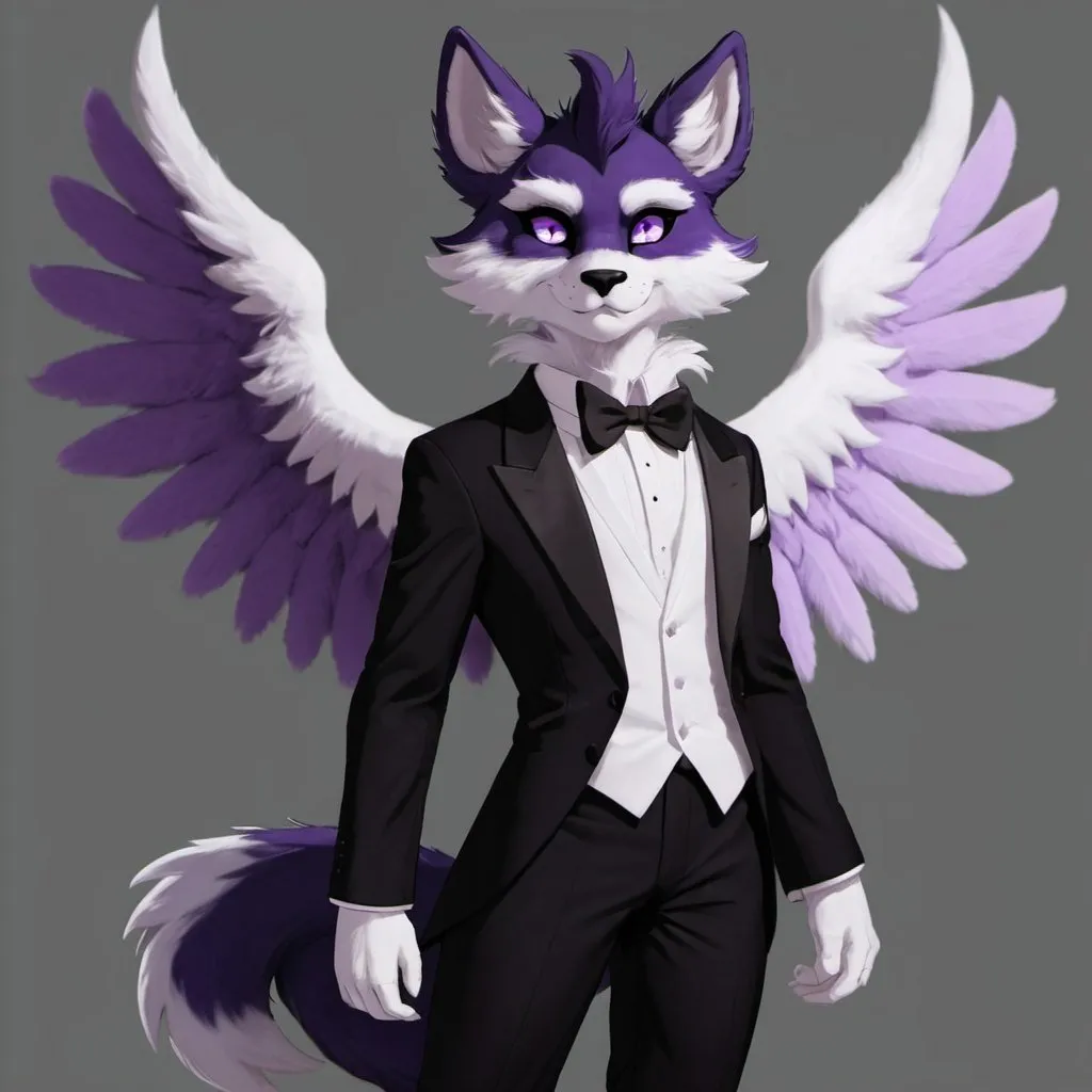 Prompt: Anthro, furry, avali purple fur, white eyes, full body, black tuxedo, with wings,