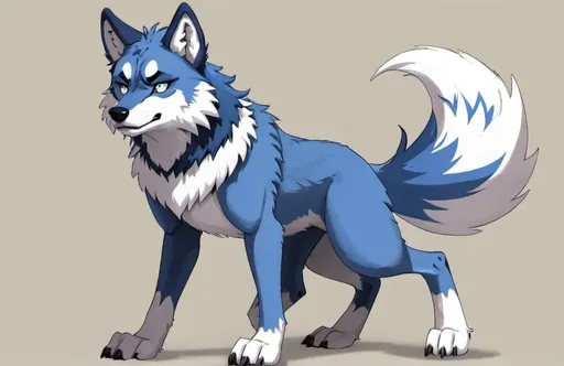 Prompt: Anthro, furry, wolf, blue fur, white eyes, full body
