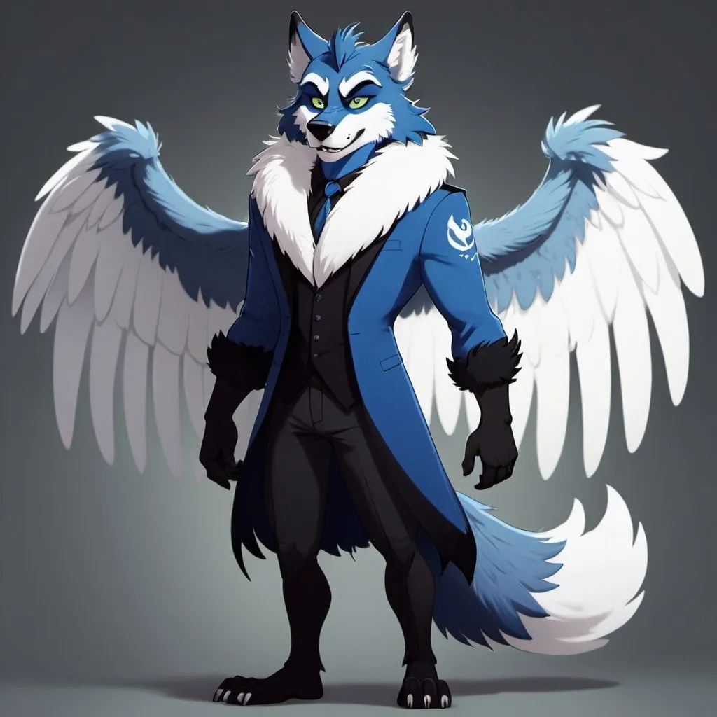 Prompt: Anthro, furry, wolf, blue fur, white eyes, full body, with wings, Disney style villain, 