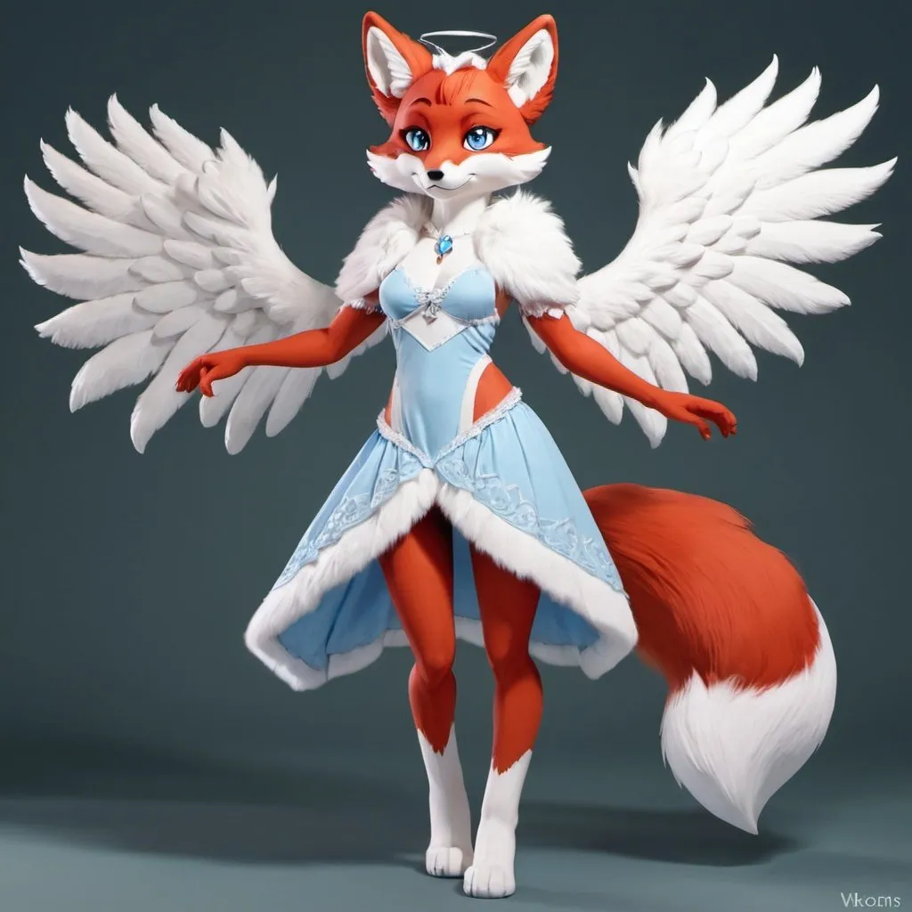 Prompt: Anthro, furry, fox red and white fur, light blue eyes, dress, full body, with wings,