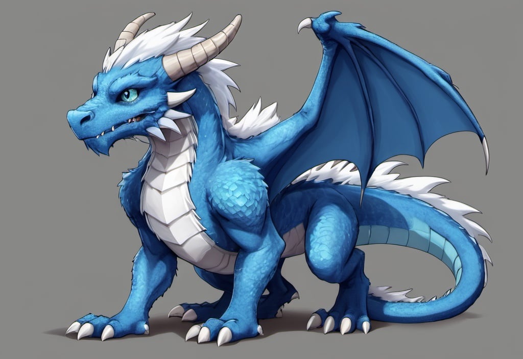 Prompt: Anthropomorphic, furry, dragon, blue fur, white eyes, full body