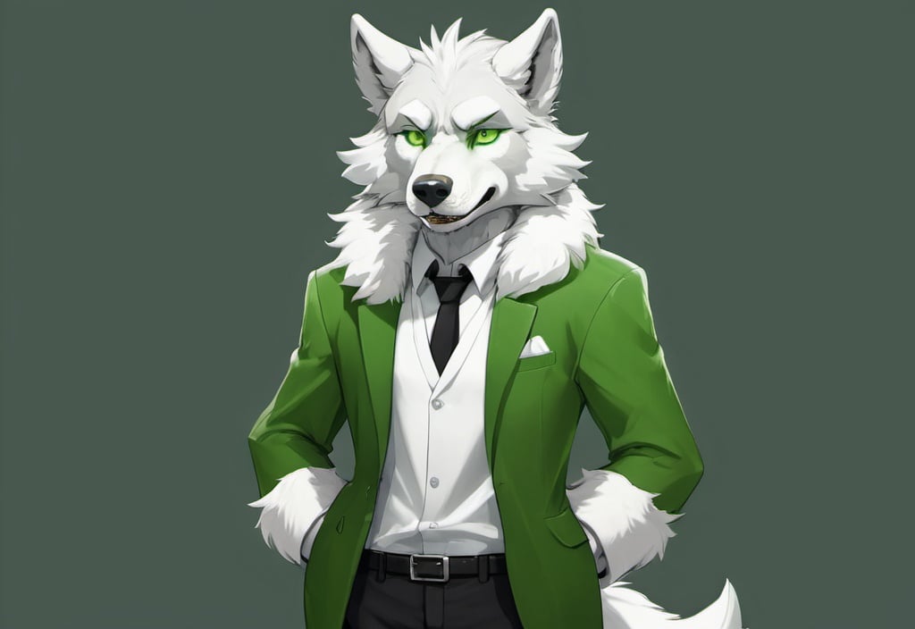 Prompt: Anthropomorphic, furry, wolf, green fur, white eyes, full body