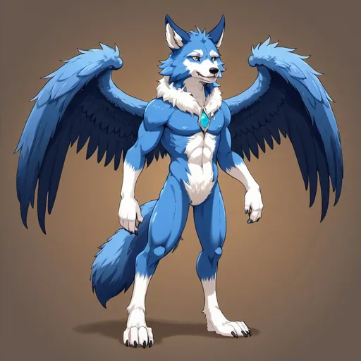 Prompt: Anthro, furry, wolf, blue fur, white eyes, full body, with wings, with horns
