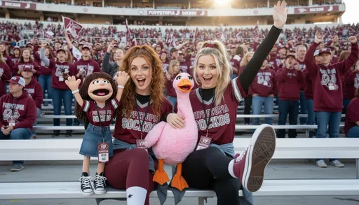 Prompt:  a beautiful afternoon day in the bleachers of a full outdoor stadium where thousands of people cheer the sports team; The stadium is decorated with the colors of the team: Maroon and silver. The team name "Puppetopia Sockos" and mascot of a sock are everywhere; Sitting side-by-side in the stadium chairs are two women; one is 22-year-old Gina, wearing basic make-up who is excited looking at the camera, cheering for the team with her right arm in the air; She has a high blonde straight hair ponytail with hair tendrils framing her face tied with a maroon scrunchie; The woman has a large excited plump pink goose sitting in the armrest to the left of her with her arm draped over its body. The goose puppet is made of short rose pink fur, muppet eyes with lavender eyelids, an outstretched neck, an open orange beak made of fleece and short orange legs that simply dangle in the air; Gina wears an oversized maroon sports jersey over a black turtleneck with the white team logo across the front", black leggings, maroon socks, and large maroon photo-realistic Converse high top sneakers with eight eyelet-pairs per shoe; Sitting in the seat to the left of the goose is Gina's excited 21-year-old bff, Clare; Clare is a red head with long curly pulled back hair, wearing an oversized jersey over maroon leggings with white socks and black Converse high tops with authentic soles; Clare is looking at the camera and kicking a leg up; She holds a large excited girl puppet next to her with one arm; her right hand is holding the end of the girl's arm rod; the happy girl puppet cheering loudly, has brown yarn hair, wearing a jersey, jean skirt, Converse; Both women wear lanyards around their necks with 'VIP Puppeteer' Passes. highly detailed; natural light; intricate; realistic; dynamic; UHD