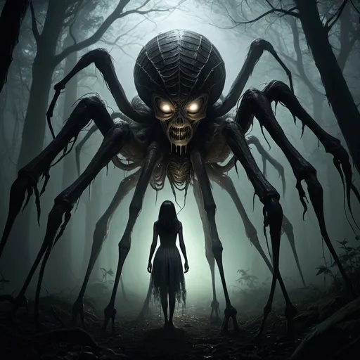 Prompt: un monstre avec une tete de femme et un corps d'araignée 

