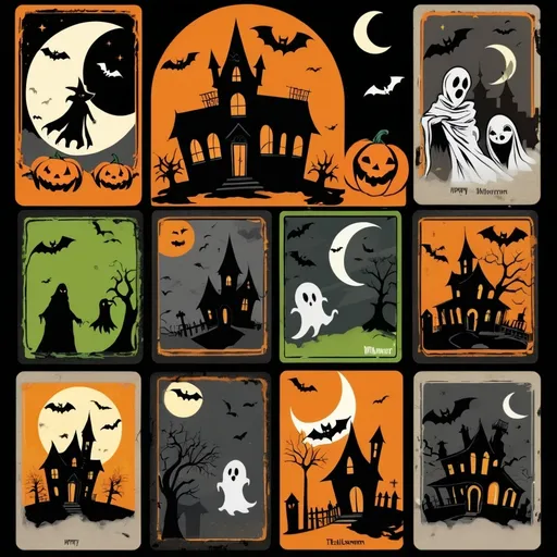 Prompt: Retro halloween characters in vivid blacks, oranges, golds, greens, grays put them on trading cards, crescent
 moon, bats flying, diaphanous ghosts, haunted house in the background, tattered mummy