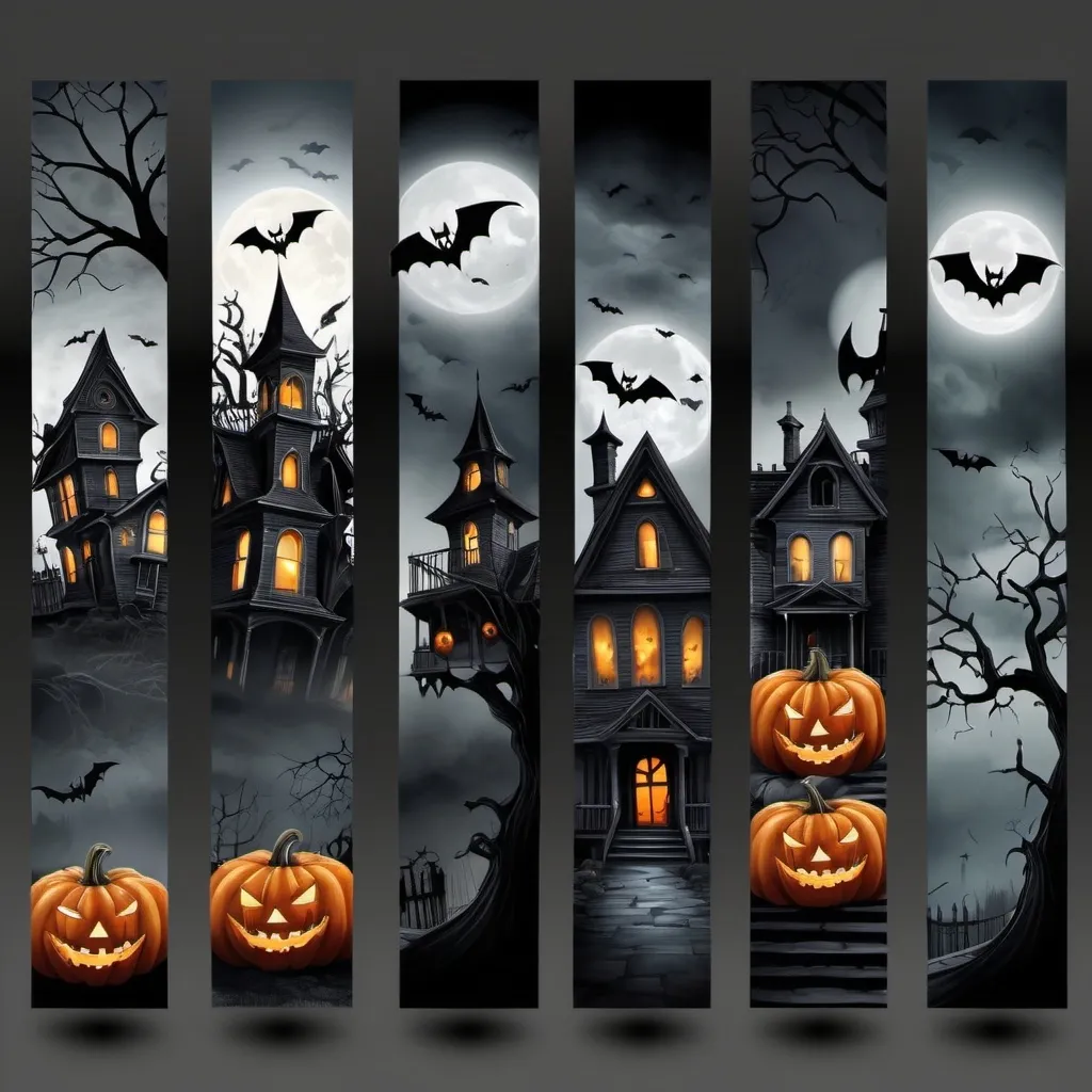 Prompt: realistic Halloween bookmarks, (grayish black spooky haunted house), diaphanous ghosts, vivid pumpkins, wicked witch, flying bats overhead, ghastly vampires lurking, eerie moonlight casting shadows, ominous ambiance, detailed textures, high quality, Halloween theme elements, perfect for reading enthusiasts, captivating design, enchanting art style perfect for collectors.